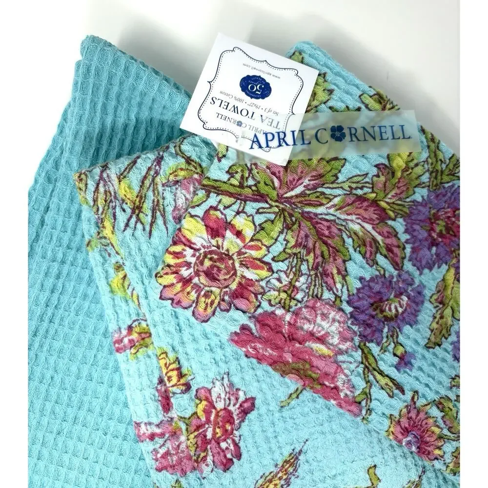 April Cornell WILDFLOWERS Turquoise Aqua Kitchen Dish Tea Towels Set Of 3 Bright